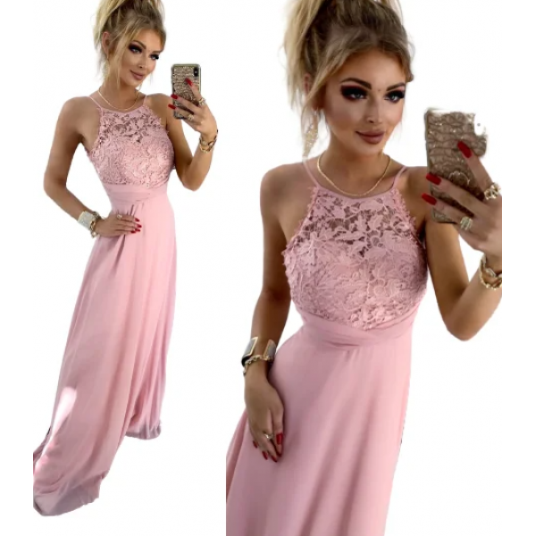 Dolga pudrasta obleka s čipko